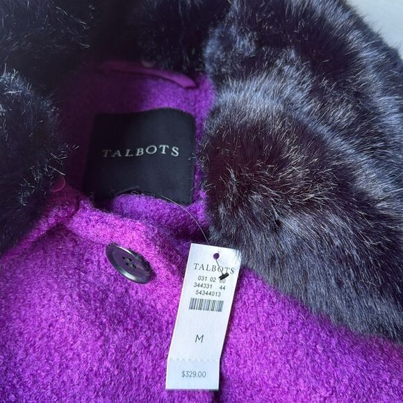 TALBOTS FAUX FUR COLLAR BOUCLÉ COAT Women's Purple Coat size Medium NWT - Picture 5 of 5